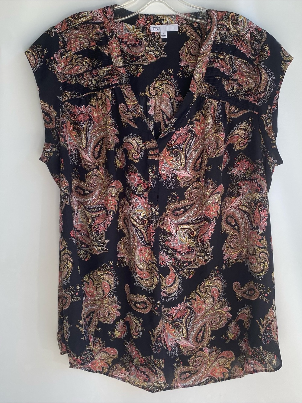DR2 paisley print short sleeve v neck tunic blouse work office fall transition